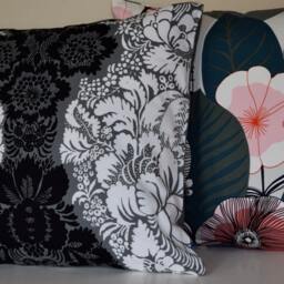 Handmade Pillow Cover Using Marimekko Ananas Fabric By Maija Isola - Black Grey Floral, 20x20 - thumbnail 2