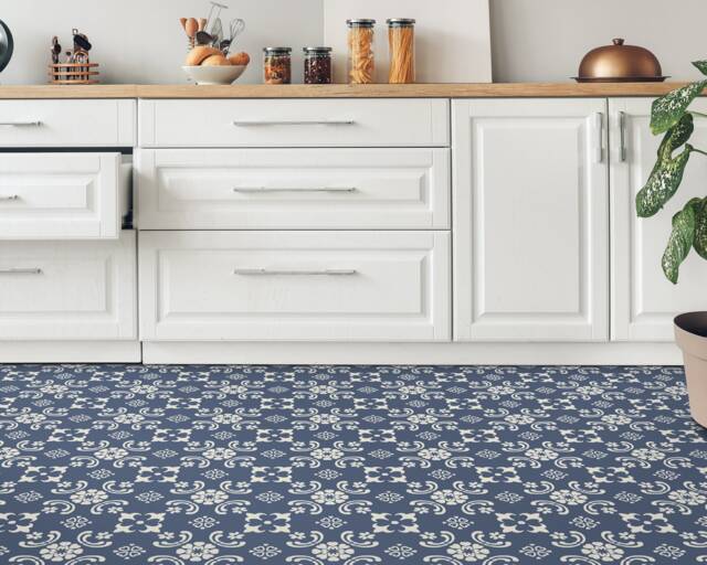 Turkish Mosaic Tiles Decor Vinyl Flooring, Blue Sheet Beige Eco Friendly Floor, Oriental Pet Friendly, Retro Floor Cover - image 1