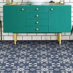 Turkish Mosaic Tiles Decor Vinyl Flooring, Blue Sheet Beige Eco Friendly Floor, Oriental Pet Friendly, Retro Floor Cover - thumbnail 3