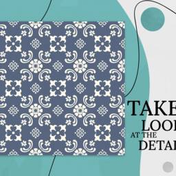 Turkish Mosaic Tiles Decor Vinyl Flooring, Blue Sheet Beige Eco Friendly Floor, Oriental Pet Friendly, Retro Floor Cover - thumbnail 2