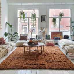 Earthy Bronze Brown Grid Moroccan Rug - Handmade Solid Berber Shag Carpet Large Area Cozy Plush Wool Decor - thumbnail 3