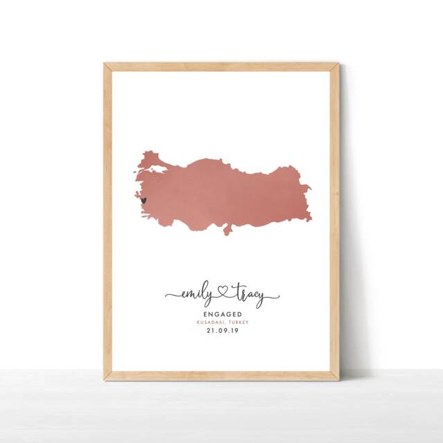 Engagement Map Print, Personalised Gift, Destination Travel Map, Watercolour Wedding Turkey Print - image 1
