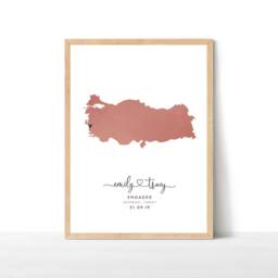Engagement Map Print, Personalised Gift, Destination Travel Map, Watercolour Wedding Turkey Print - thumbnail 1