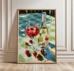 Ros?? Wine Poster, Strawberry Table Print, Kitchen Wall Art