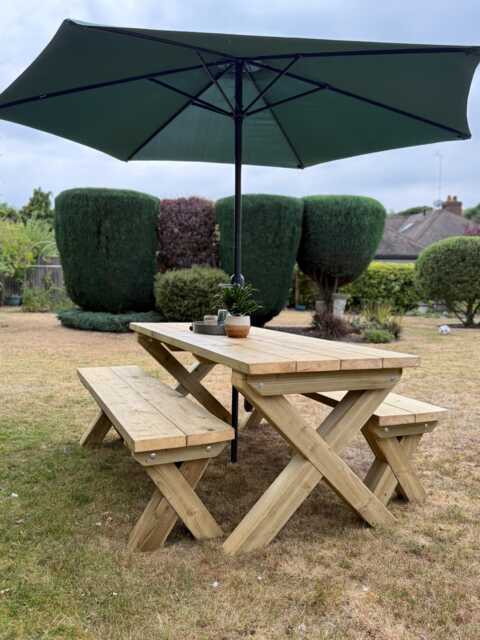 Chunky Wooden Outdoor Dining Table & Bench Set - Patio Furniture Handmade - image 1