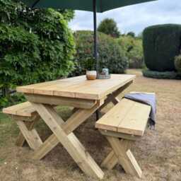 Chunky Wooden Outdoor Dining Table & Bench Set - Patio Furniture Handmade - thumbnail 2