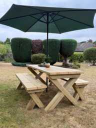 Chunky Wooden Outdoor Dining Table & Bench Set - Patio Furniture Handmade - thumbnail 1