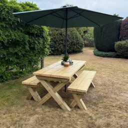 Chunky Wooden Outdoor Dining Table & Bench Set - Patio Furniture Handmade - thumbnail 3