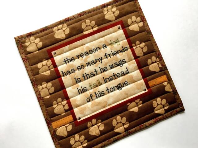 Quilted Wall Hanging, Doggy Table Topper, Canine Fiber Art, Puppy Quilt, Pet Lovers Mat, Dog Decor, Brown & Green, Square - image 1