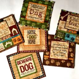 Quilted Wall Hanging, Doggy Table Topper, Canine Fiber Art, Puppy Quilt, Pet Lovers Mat, Dog Decor, Brown & Green, Square - thumbnail 4