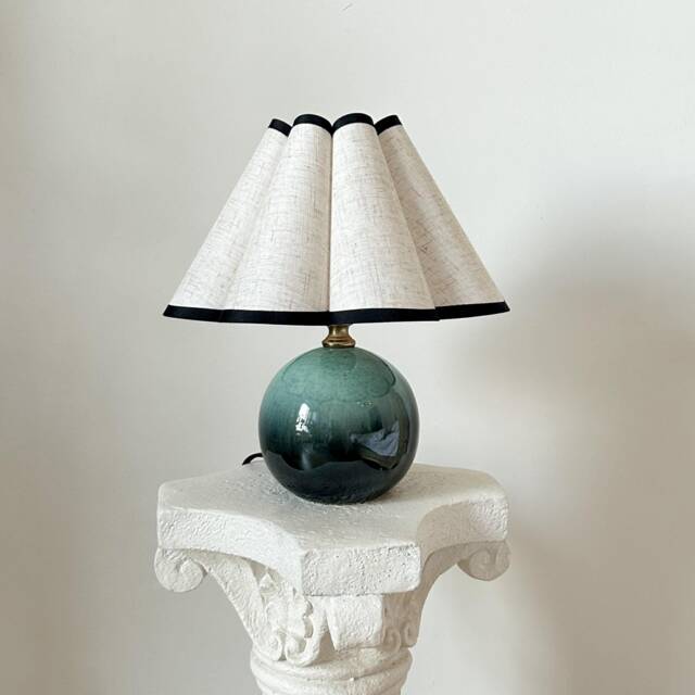 Handmade Green Glaze Ceramic Table Lamp 110-240V Linen Black Trim Fabric Scallop Petal Shade, Bedroom Living Room Kitchen Vintage Decor - image 1