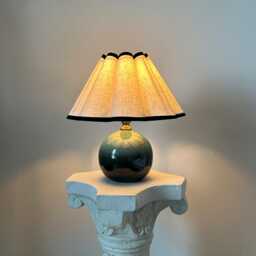 Handmade Green Glaze Ceramic Table Lamp 110-240V Linen Black Trim Fabric Scallop Petal Shade, Bedroom Living Room Kitchen Vintage Decor - thumbnail 3