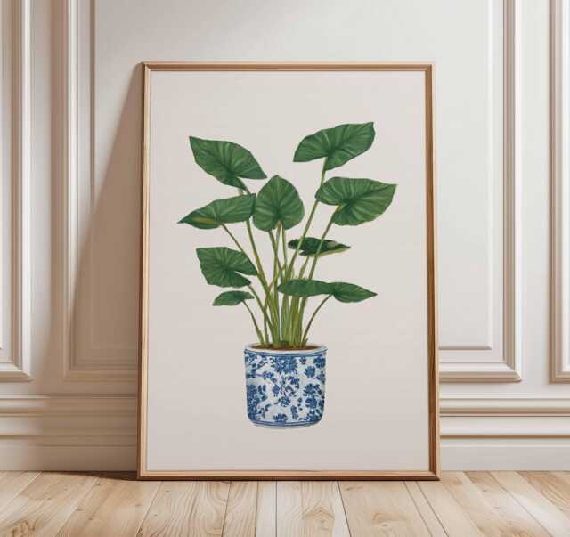 Botanical Art Print, Green Houseplant in Blue & White Pot - image 1