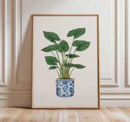 Botanical Art Print, Green Houseplant in Blue & White Pot