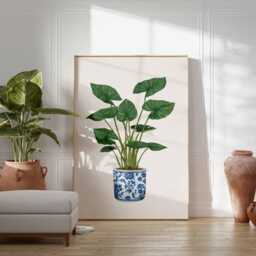 Botanical Art Print, Green Houseplant in Blue & White Pot - thumbnail 4