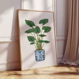 Botanical Art Print, Green Houseplant in Blue & White Pot - thumbnail 2