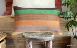Vintage Handwoven Kilim Pillow Cover - Wide Band Stripes, Turkish Cushion - 12x20 In - thumbnail 1