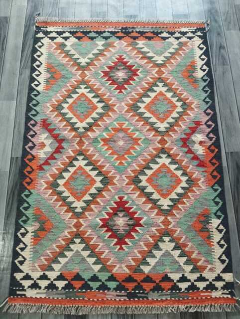 Multicolour Kilim Rug, Handmade Artisan Afghan Turkish Persian Navajo Scandinavian Bohemian Flatweave Natural Wool Rug 153x103 cm - image 1