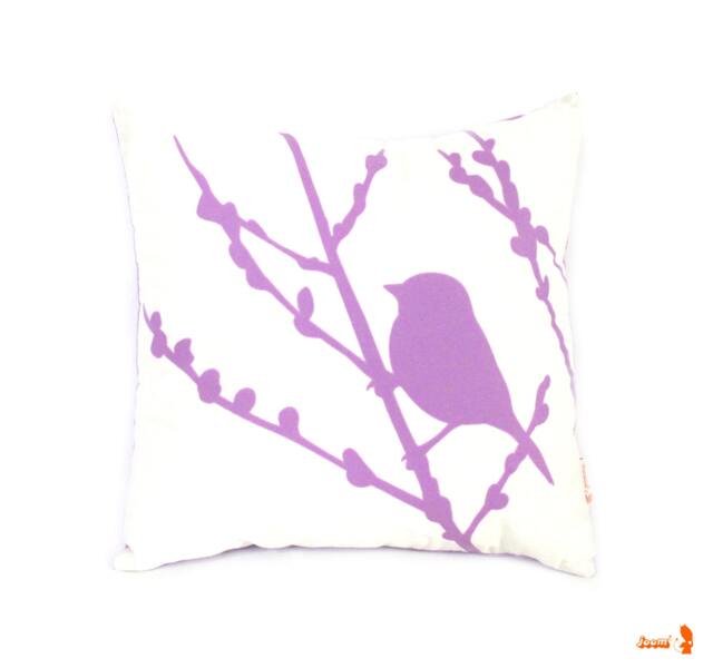 Lavender Print On White Cotton Bird Cherry Blossom Mini 10.5 Inches Square Pillow - image 1