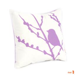 Lavender Print On White Cotton Bird Cherry Blossom Mini 10.5 Inches Square Pillow - thumbnail 2