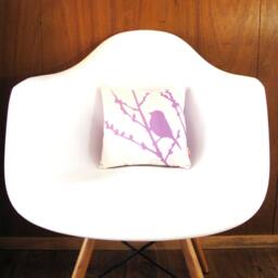 Lavender Print On White Cotton Bird Cherry Blossom Mini 10.5 Inches Square Pillow - thumbnail 3