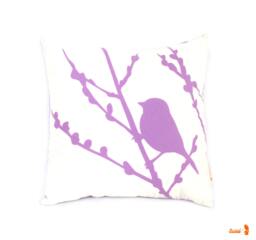 Lavender Print On White Cotton Bird Cherry Blossom Mini 10.5 Inches Square Pillow - thumbnail 1