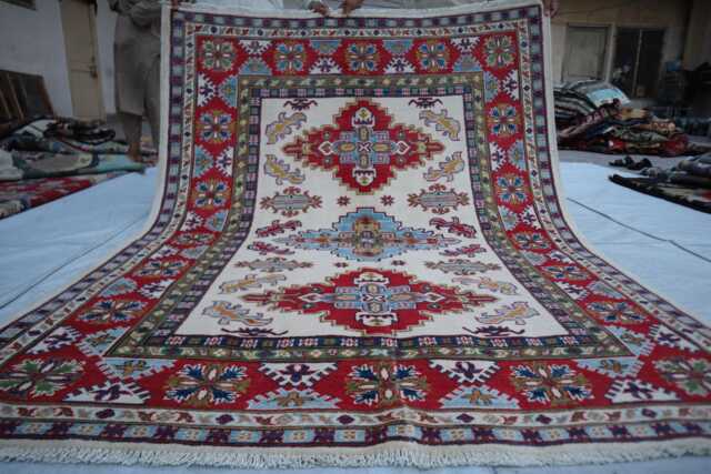 5x7 Ft Collector's Piece Kazak Rug, Afghan Red Luxury New Area Rug, Hand Knotted Medallion Geometric Rug For Living Room - image 1