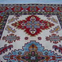 5x7 Ft Collector's Piece Kazak Rug, Afghan Red Luxury New Area Rug, Hand Knotted Medallion Geometric Rug For Living Room - thumbnail 3
