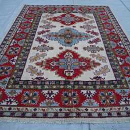 5x7 Ft Collector's Piece Kazak Rug, Afghan Red Luxury New Area Rug, Hand Knotted Medallion Geometric Rug For Living Room - thumbnail 2