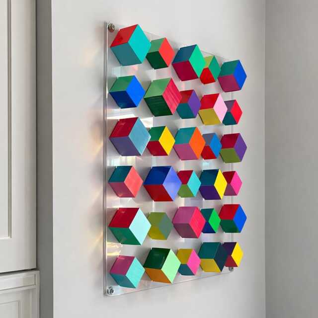 Colorful Wooden Cube Wall Art - Hand Painted 3D Geometric Sculpture On Acrylic Panel. Modern Block Decor. Choose Your Own Color Palette - image 1