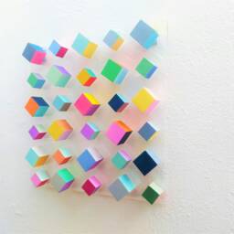 Colorful Wooden Cube Wall Art - Hand Painted 3D Geometric Sculpture On Acrylic Panel. Modern Block Decor. Choose Your Own Color Palette - thumbnail 2