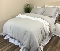 stone Grey Duvet Cover Features Easy Flow Ruffles, Natural Linen Flax Ruffle Bedding, Shabby Chic Bedding - thumbnail 1