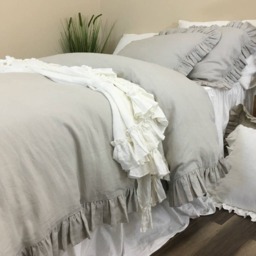 stone Grey Duvet Cover Features Easy Flow Ruffles, Natural Linen Flax Ruffle Bedding, Shabby Chic Bedding - thumbnail 2