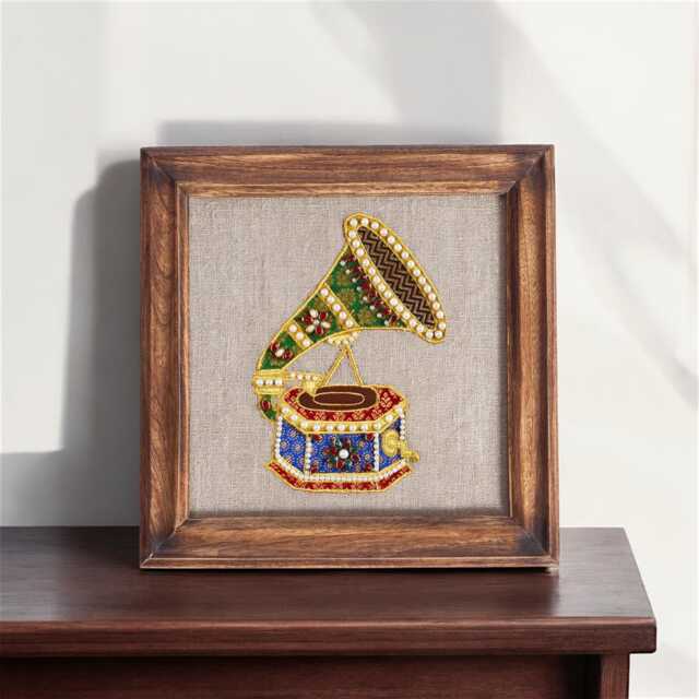 Gramophone Vintage Musical Instrument Wall Art, Embroidery & Applique in Hoop Or Wooden Frame - image 1