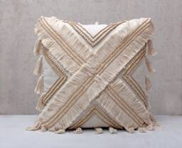 Beige Embroidered Pillow Cover, Linen Look Cotton Cushion With Wooden Beads & Tassels