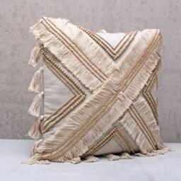 Beige Embroidered Pillow Cover, Linen Look Cotton Cushion With Wooden Beads & Tassels - thumbnail 4