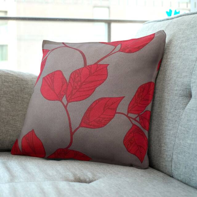 "Red/Grey Leaves Cushion Cover - Thick Fabric Throw Pillow Covers 16""/18" - image 1