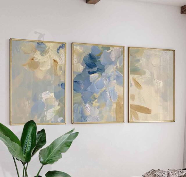 Set Of 3 Abstract Wall Art Prints, Neutral Blue & Beige Posters, Modern Brushstroke Botanical Decor - image 1