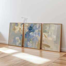 Set Of 3 Abstract Wall Art Prints, Neutral Blue & Beige Posters, Modern Brushstroke Botanical Decor - thumbnail 3