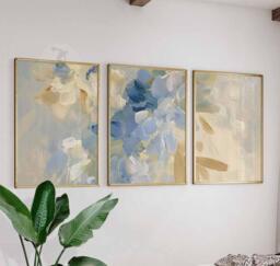 Set Of 3 Abstract Wall Art Prints, Neutral Blue & Beige Posters, Modern Brushstroke Botanical Decor