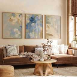 Set Of 3 Abstract Wall Art Prints, Neutral Blue & Beige Posters, Modern Brushstroke Botanical Decor - thumbnail 2