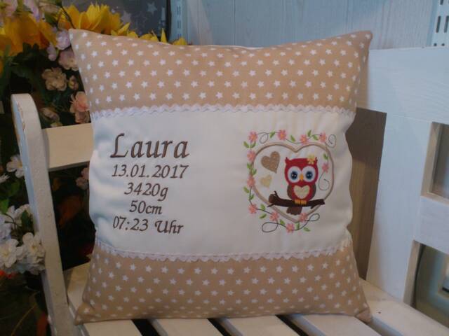 Pillow With Name For Birth - Owl in Heart Beige - image 1
