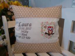 Pillow With Name For Birth - Owl in Heart Beige - thumbnail 1