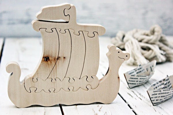 Viking Ship, Wooden Ship Puzzle, Waldorf Wood Toys, Educational Eco Montessori Christmas Toys - image 1