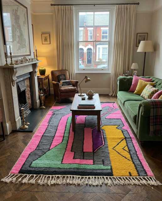 Handmade Wool Rug, Abstract Geometric Memphis Design, Charcoal Pink Green Yellow Tapis - image 1