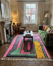 Handmade Wool Rug, Abstract Geometric Memphis Design, Charcoal Pink Green Yellow Tapis - thumbnail 1