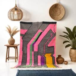 Handmade Wool Rug, Abstract Geometric Memphis Design, Charcoal Pink Green Yellow Tapis - thumbnail 2