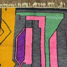 Handmade Wool Rug, Abstract Geometric Memphis Design, Charcoal Pink Green Yellow Tapis - thumbnail 4