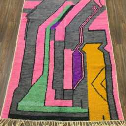 Handmade Wool Rug, Abstract Geometric Memphis Design, Charcoal Pink Green Yellow Tapis - thumbnail 3