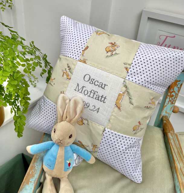 Bunny Birth & Christening Cushion, Bunny Cushion, Hare Rabbit Occasion Baby Gift, New Born Baby, Christening Gift - image 1